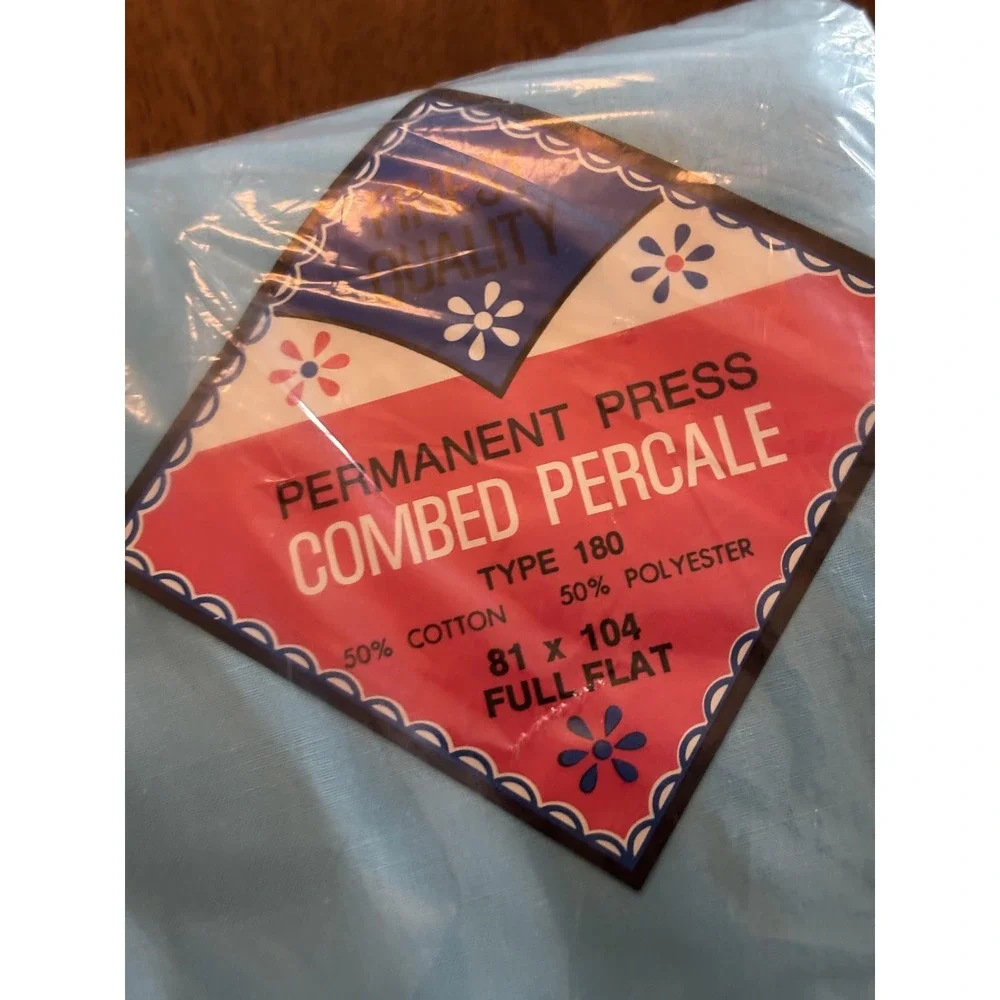 Vintage Durable Press No-Iron Blue Full Flat Sheet 81x104 Combed Percale USA New
